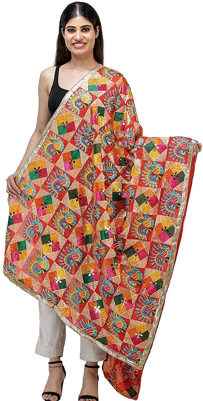 Flame-Scarlet Phulkari Dupatta from Punjab with Peacocks and Multicolor Geometric Patterns