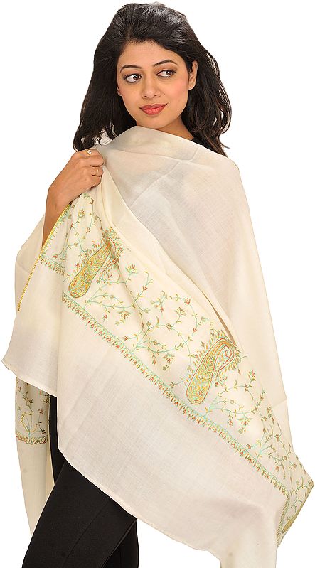 Afterglow Plain Pure Wool Shawl from Kashmir with Sozni Hand-Embroidery