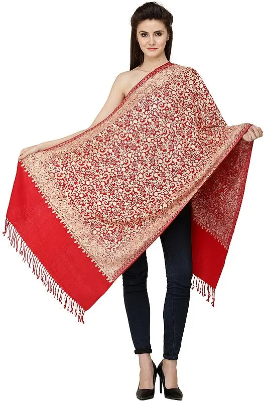 Scarlet-Sage Woolen Stole from Amritsar with All-over Aari Embroidery