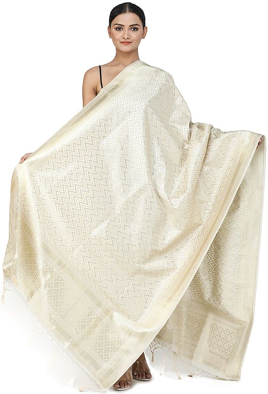 Pristine-White Banarasi Brocade Dupatta with Chevron Weave Pattern