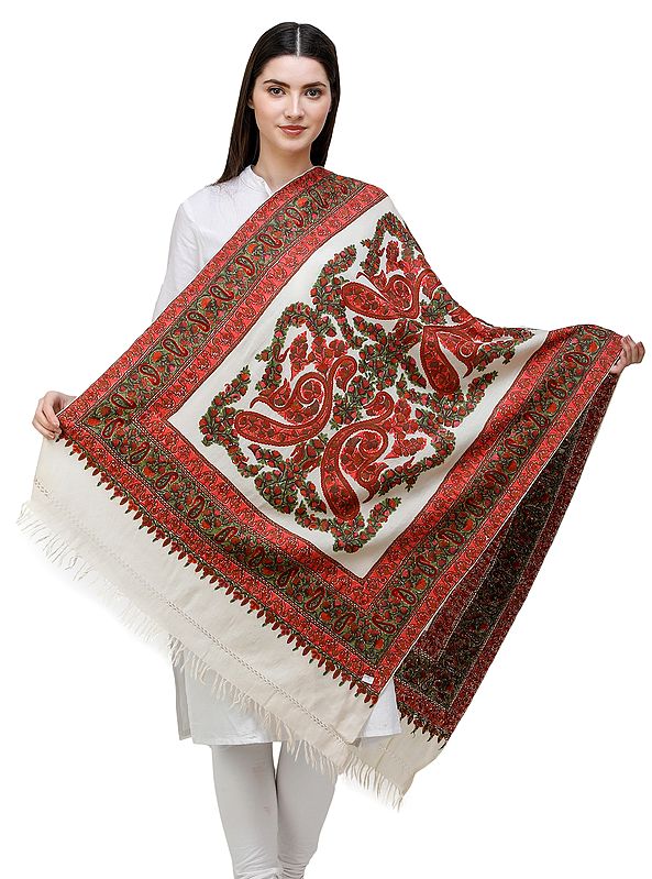 Whisper-White Traditional Woolen Stole from Kashmir with Hand-Embroidered Paisleys and Flowers