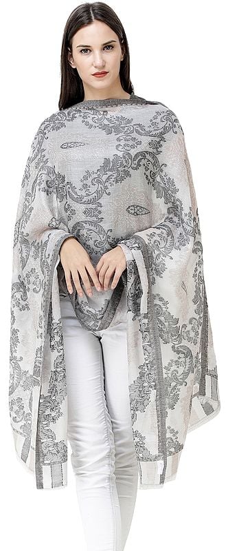 Quiet-Gray Jamawar Shawl from Amritsar with Woven Paisleys and Vines