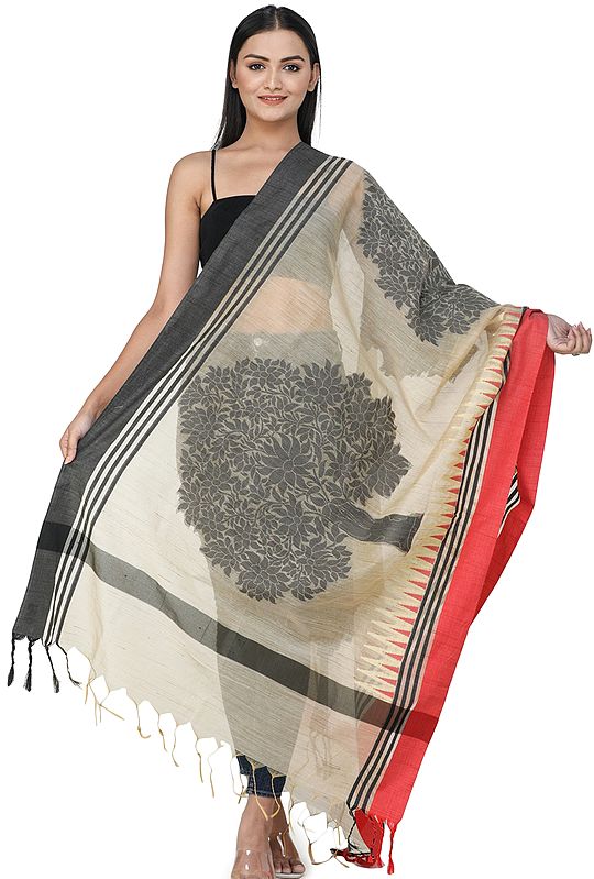 Silk Zari Dupatta with Temple Motifs and Woven Stripes All-over