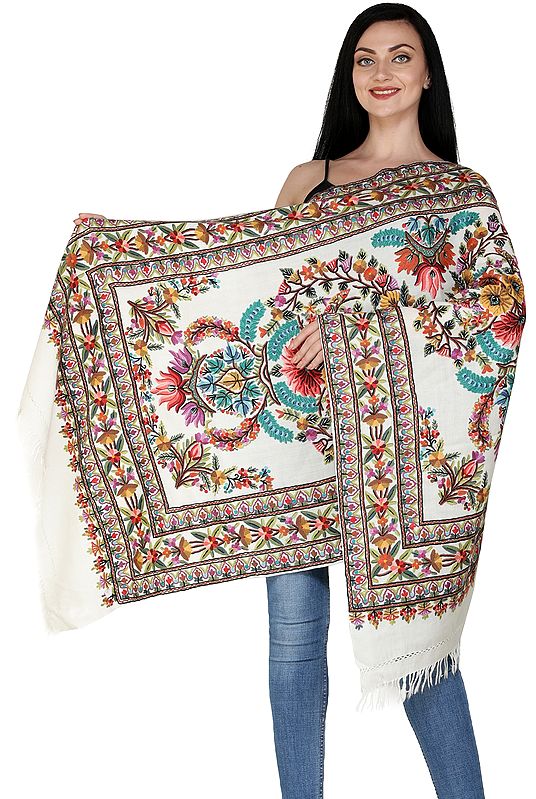 Egret-White Traditional Woolen Stole from Kashmir with Hand-Embroidered Flowers and Chinar Leaves