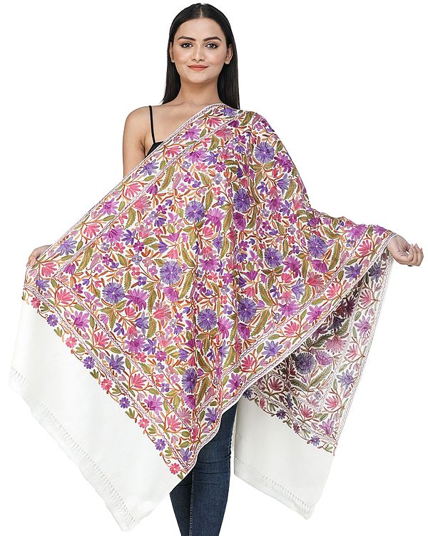 Pristine-White Woolen Stole from Kashmir with Aari-Embroidered Floral Vines