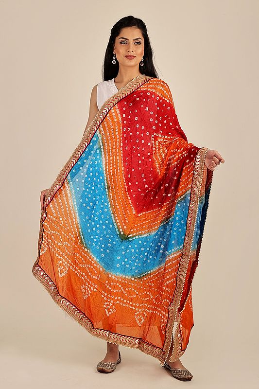 Multi-coloured Tie-Dye Bandhani Dupatta From Gujarat with Zari Patch Border and Beadwork