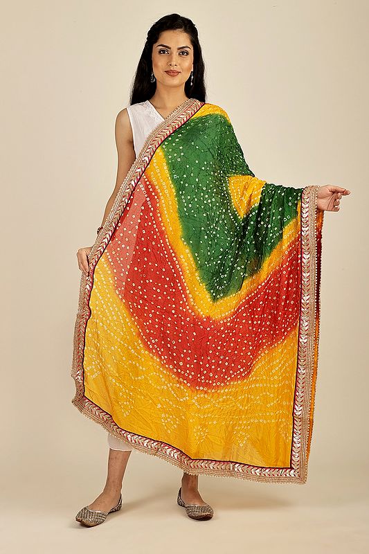 Multi-coloured Tie-Dye Bandhani Dupatta From Gujarat with Zari Patch Border and Beadwork