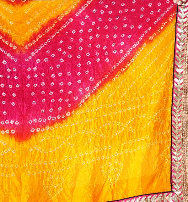 Multi Coloured Tie Dye Bandhani Dupatta From Gujarat With Zari Patch