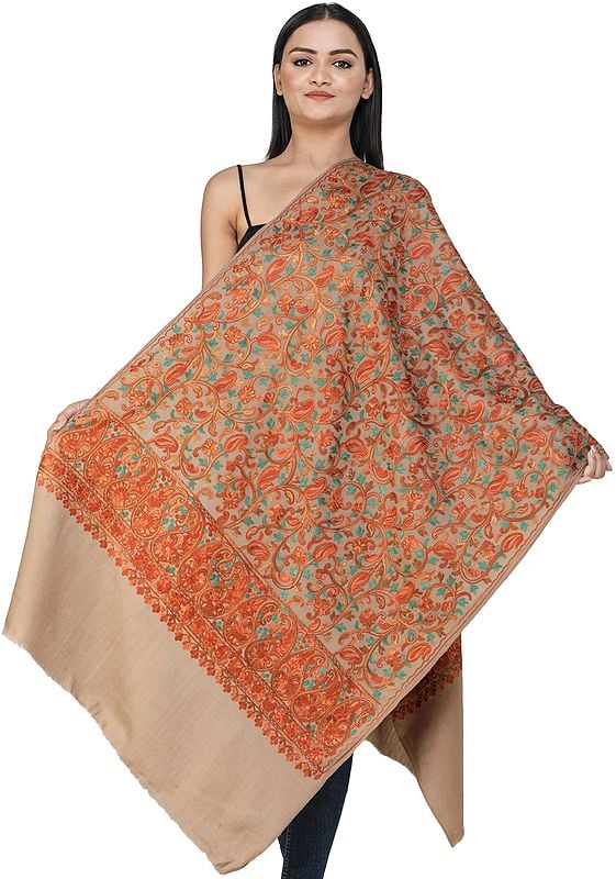 Woodsmoke Woolen Stole from Kashmir with Aari-Embroidered Floral Vines