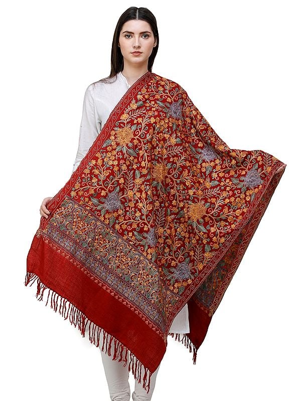 Karanda Red Shawls from Amritsar with Aari Embroidered Flowers All-over