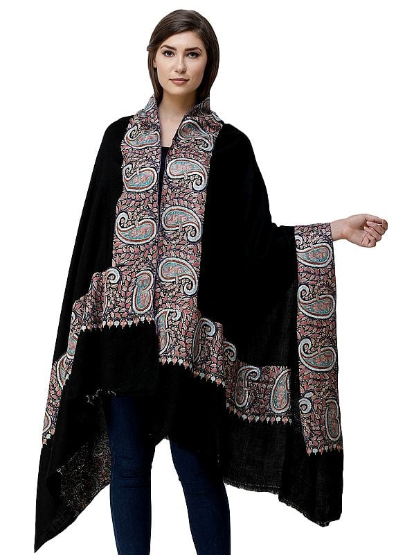 Caviar-Black Pure Pashmina Shawl from Kashmir with Hand-Embroidery in Multicolor Thread on Border