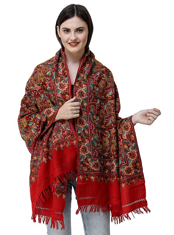 Racing-Red Woolen Stole from Kashmir with Aari-Embroidered Flowers by Hand