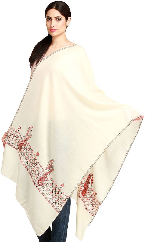 Papyrus Pure Wool Tusha Stole from Kashmir with Sozni Embroidered Paisleys  on Border