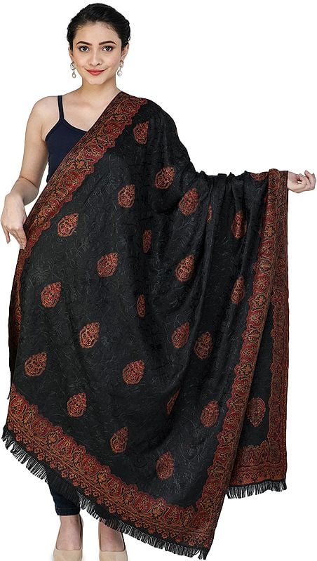Jet Black Jamawar Stole from Amritsar with Aari Embroidered Flowers in Self-Colored Thread