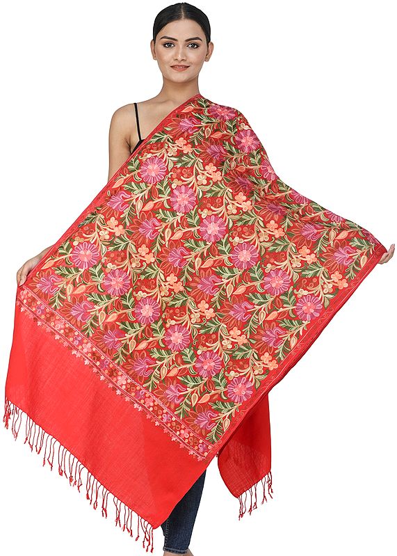 Flame Scarlet Woolen Stole from Kashmir with Aari-Embroidered Flowers and Vines