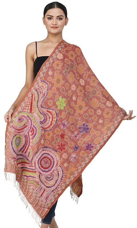 Jamawar Stole from Amritsar with Woolen Thread Multi-Color Embroidered Flowers and Paisleys