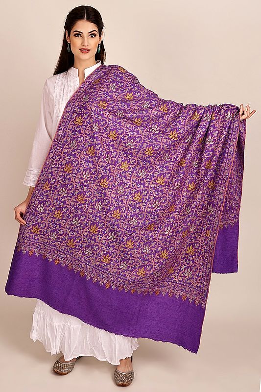 Deep-Lavender Pure Pashmina Shawl from Kashmir with Sozni-Embroidery by Hand