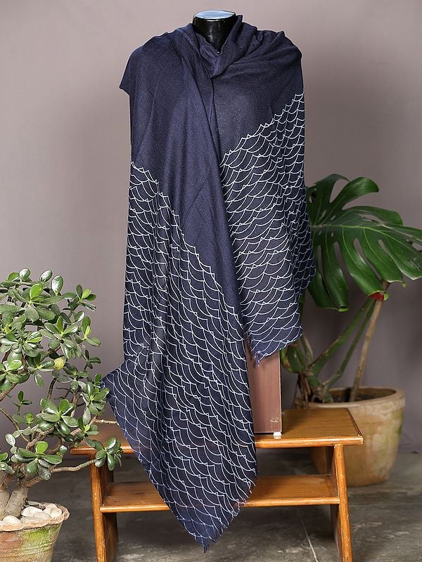 Peat-Black Pashmina Shawl from Nepal with Waves Print on Border