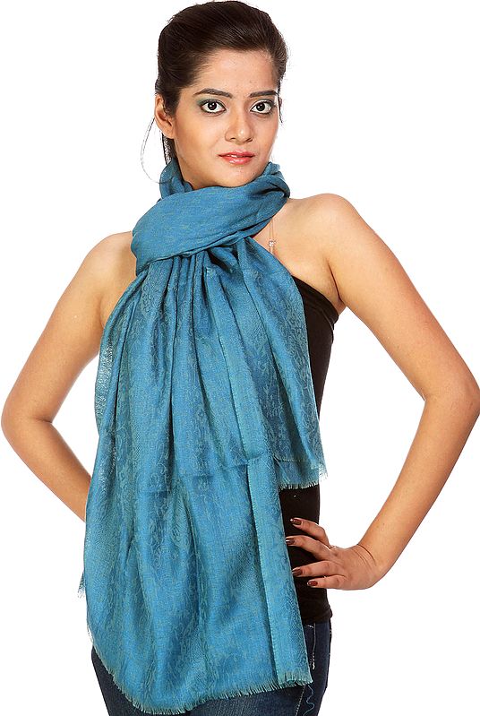 Adriatic-Blue Cashmere Stole with Self Weave