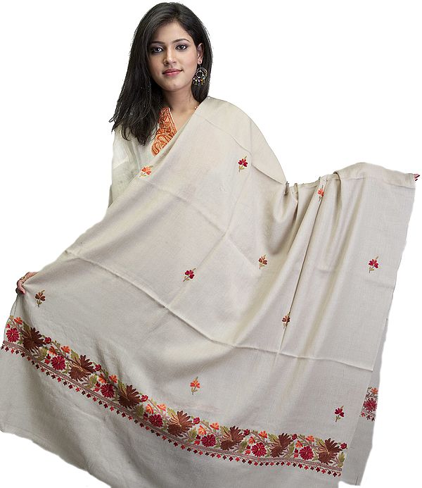 Agate-Gray Kashmiri Shawl with Hand Embroidered Flowers on Border
