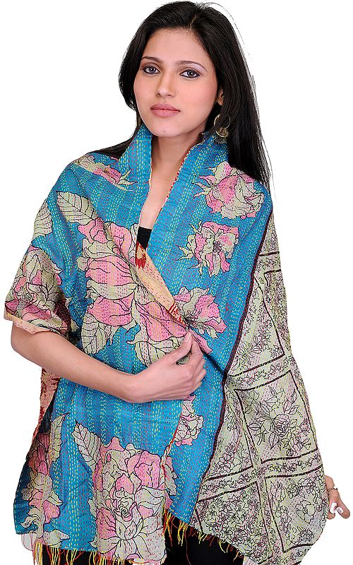 Algiers-Blue Double-Sided Kantha Stole with Printed Flowers