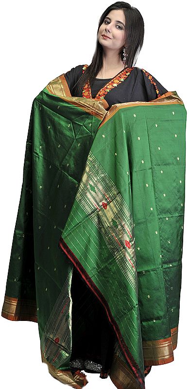Amazon-Green Paithani Dupatta with All-Over Woven Bootis and Golden Border