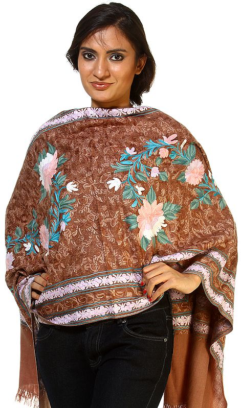 Amphora Jamdani Stole from Kashmir with Embroidered Flowers All-Over