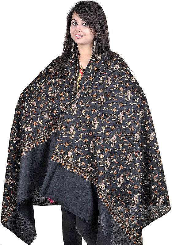 Anthracite-Black Kashmiri Tusha Shawl with Sozni Embroidered Paisleys and Flowers All-Over