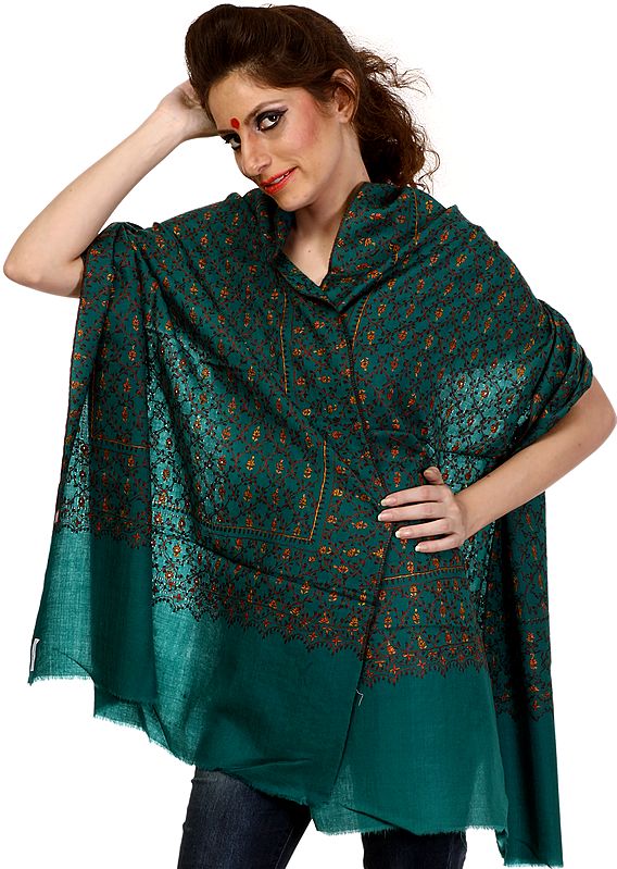 Antique-Green Kashmiri Tusha Stole with Needle Embroidered Jaal by Hand