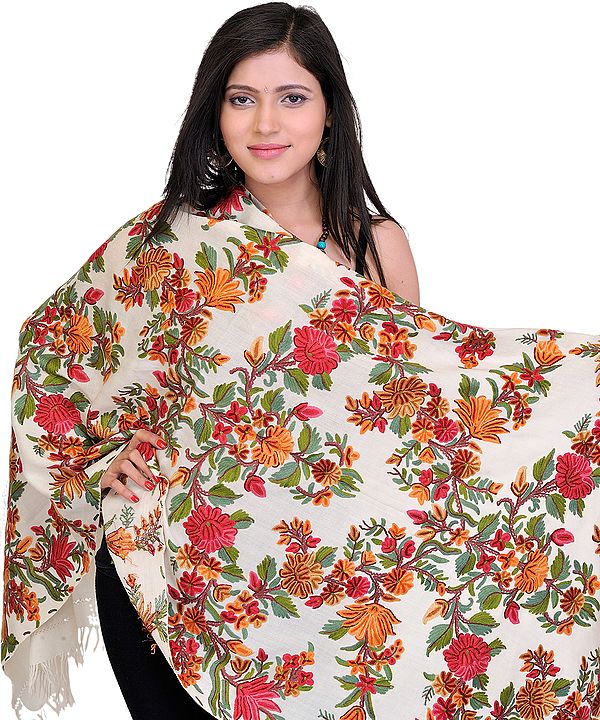 Kashmir Shawl with Aari Embroidered Flowers by Hand