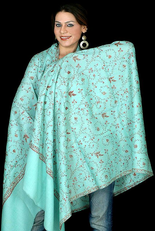 Aquamarine Kashmiri Shawl with Sozni Embroidery All-Over