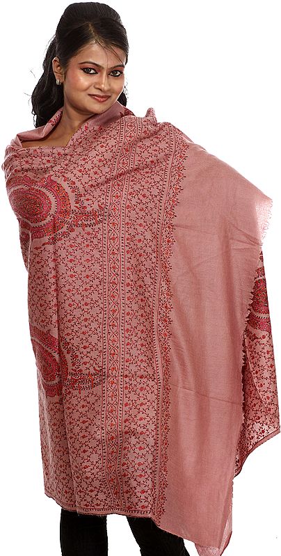 Ash-Rose Kashmiri Pashmina Shawl with Jafreen Jaal Embroidery by Hand