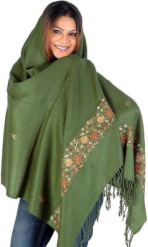 Asparagus Stole with Floral Embroidery from the Chamba Valley