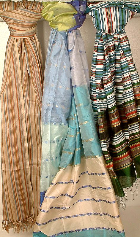 Assorted Lot of Three Shawls with Multi-Color Stripes Handwoven in Kolkata