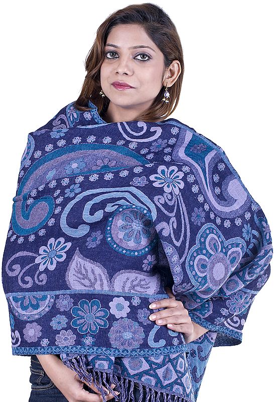 Astral Aura-Blue Reversible Jamawar Stole  with Woven Flowers