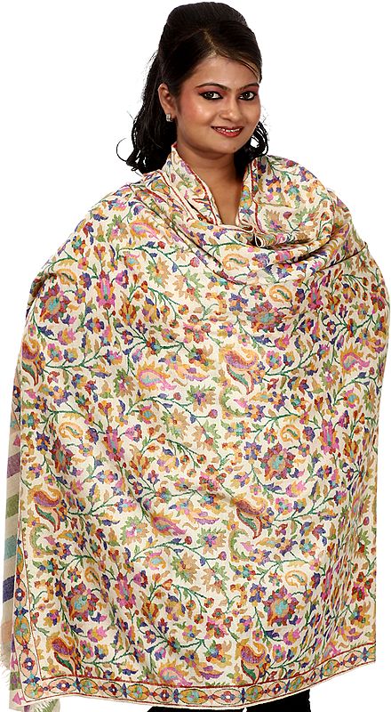 Authentic Kani Shawl with Woven Flowers in Multi-Color Threads