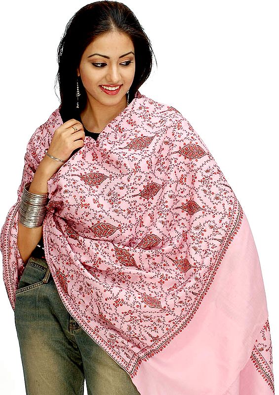 Baby-Pink Kashmiri Shawl with Needle Embroidery by Hand