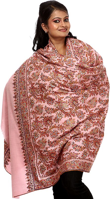 Begonia-Pink Pure Pashmina Shawl from Kashmir with Intricate Embroidered Flowers by Hand