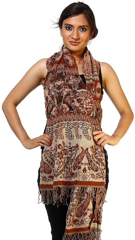 Beige and Brown Jamawar Stole with Woven Paisleys and Flowers