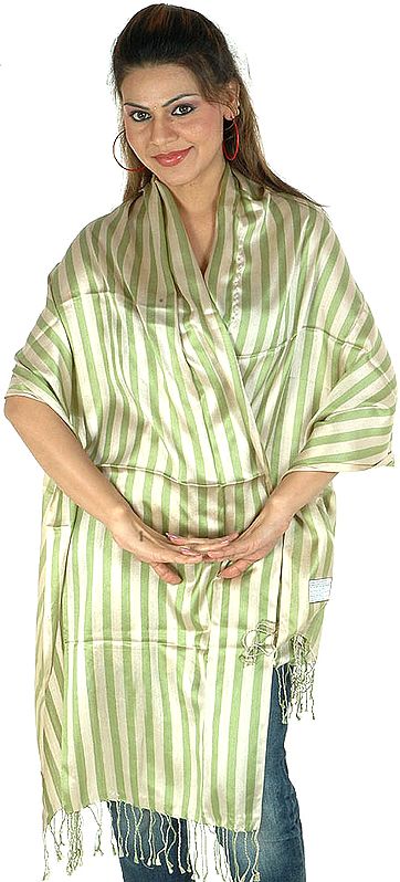 Beige and Green Silk Stole with Stripes