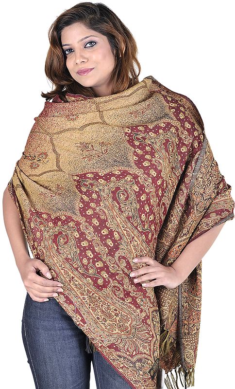 Beige and Red Reversible Jamawar Stole with Woven Paisleys