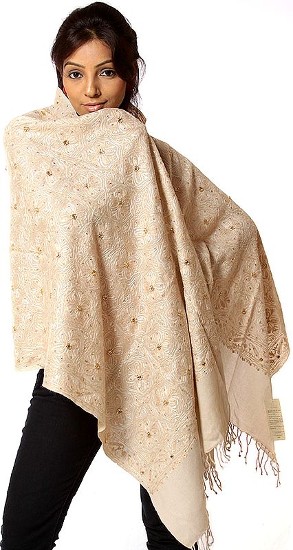 Beige Aari Stole with Self-Colored Embroidery and Beadwork