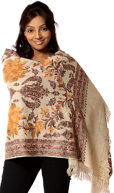 Beige Hand-Embroidered Aari Stole from Kashmir with Large Flowers