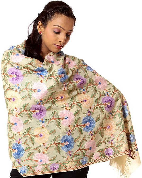 Beige Hand-Embroidered Aari Stole from Kashmir with Large Flowers