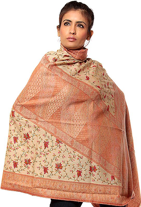 Beige Jamawar Shawl with Needle Embroidery by Hand