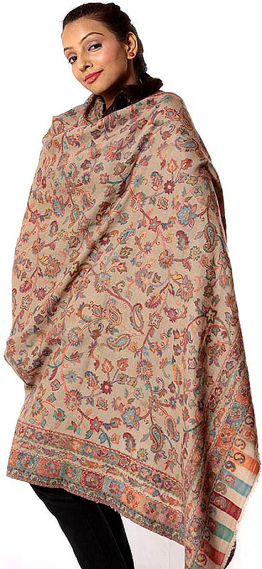 Beige Kani Pure Pashmina Shawl with Multi-Color Thread Weave