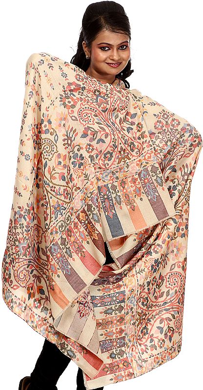 Beige Kani Shawl with All-Over Woven Paisleys and Flowers in Multi-Color Thread