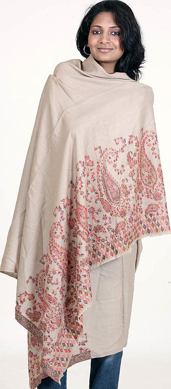 Beige Kani Shawl with Multi-Color Weave on Border