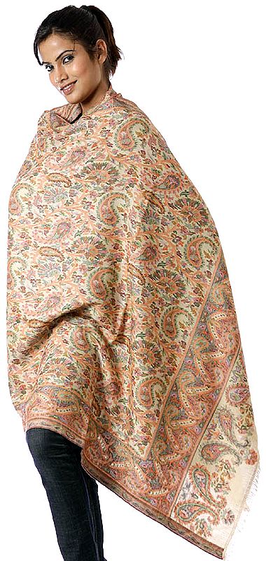 Beige Kani Shawl with Multi-Color Woven Paisleys All-Over