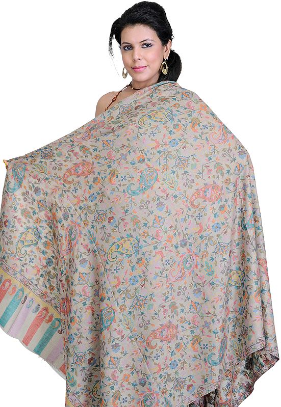 Beige Kani Shawl with Multi-Colored Thread Weave